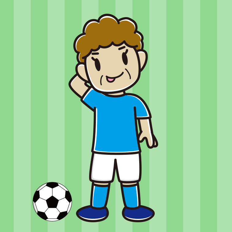 テヘヘなサッカーのユニフォーム姿のおばさんのイラスト【色、背景あり】PNG