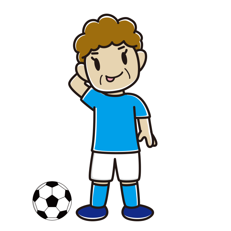 テヘヘなサッカーのユニフォーム姿のおばさんのイラスト【色あり、背景なし】透過PNG