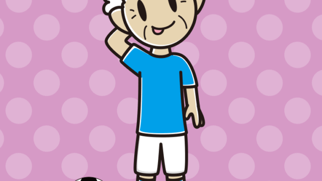 テヘヘなサッカーのユニフォーム姿のおじいさんのイラスト【色、背景あり】PNG