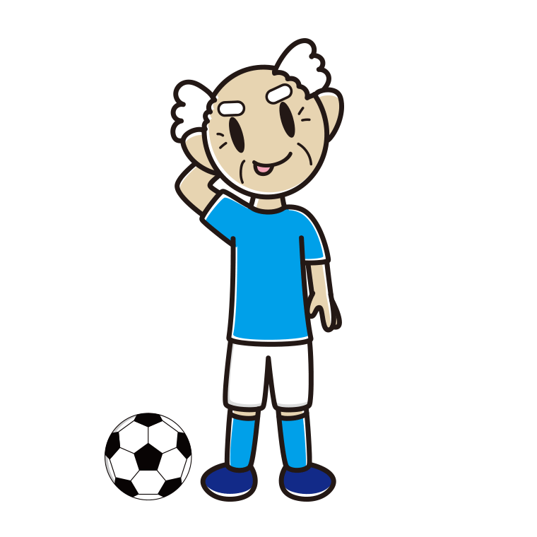 テヘヘなサッカーのユニフォーム姿のおじいさんのイラスト【色あり、背景なし】透過PNG