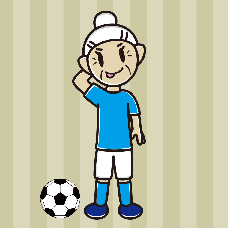 テヘヘなサッカーのユニフォーム姿のおばあさんのイラスト【色、背景あり】PNG