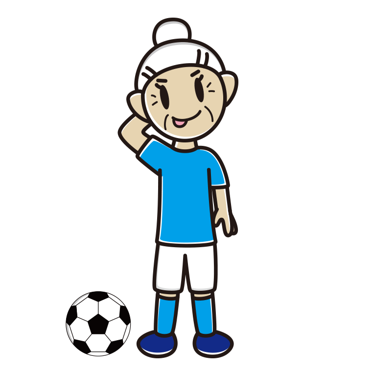 テヘヘなサッカーのユニフォーム姿のおばあさんのイラスト【色あり、背景なし】透過PNG