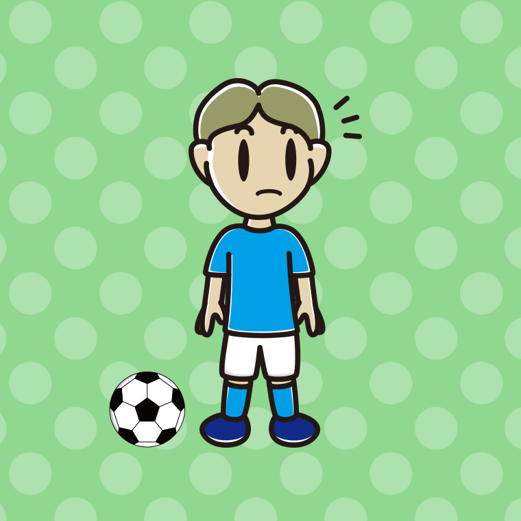 何かに気付くサッカーのユニフォーム姿の小学生男子のイラスト【色、背景あり】PNG