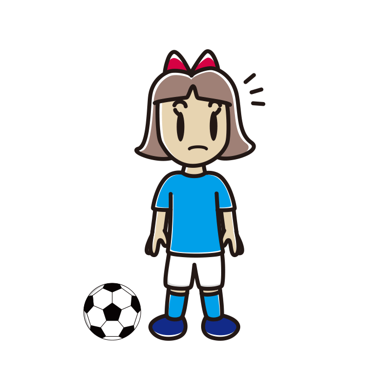 何かに気付くサッカーのユニフォーム姿の小学生女子のイラスト【色あり、背景なし】透過PNG