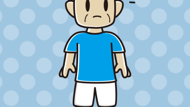 何かに気付くサッカーのユニフォーム姿のおじさんのイラスト【色、背景あり】PNG