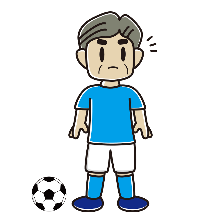 何かに気付くサッカーのユニフォーム姿のおじさんのイラスト【色あり、背景なし】透過PNG