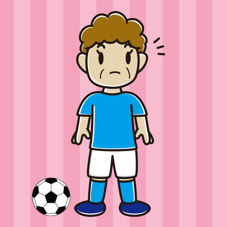 何かに気付くサッカーのユニフォーム姿のおばさんのイラスト【色、背景あり】PNG