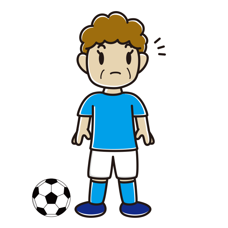 何かに気付くサッカーのユニフォーム姿のおばさんのイラスト【色あり、背景なし】透過PNG