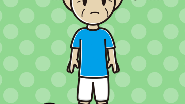 何かに気付くサッカーのユニフォーム姿のおじいさんのイラスト【色、背景あり】PNG