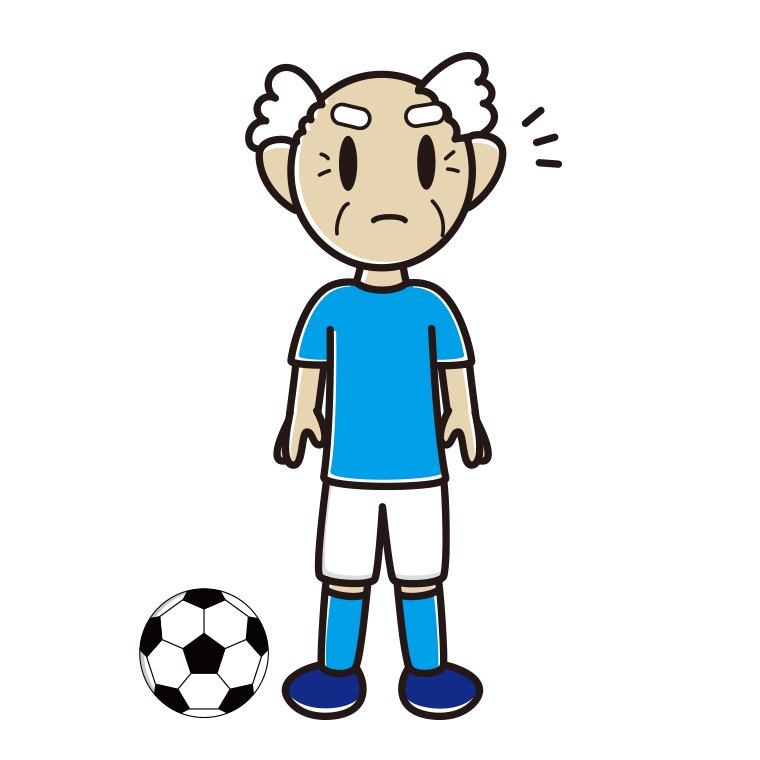 何かに気付くサッカーのユニフォーム姿のおじいさんのイラスト【色あり、背景なし】透過PNG
