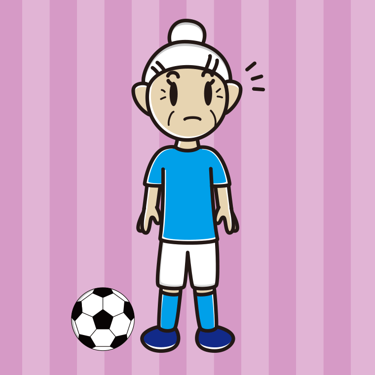 何かに気付くサッカーのユニフォーム姿のおばあさんのイラスト【色、背景あり】PNG