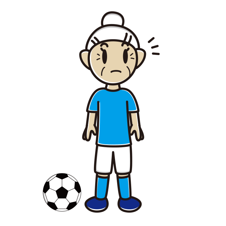 何かに気付くサッカーのユニフォーム姿のおばあさんのイラスト【色あり、背景なし】透過PNG