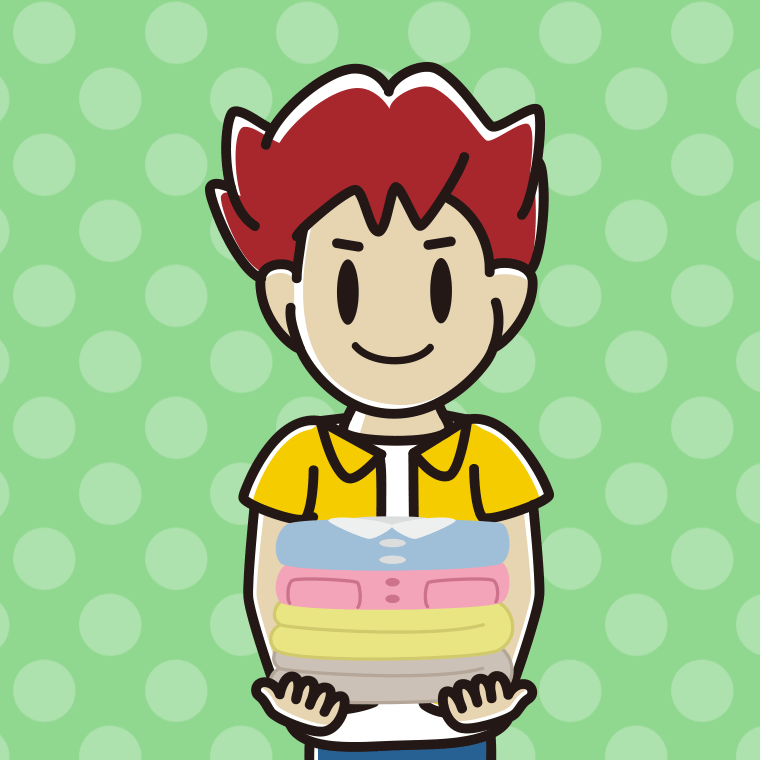 たたまれた洗濯物を持つ男子大学生のイラスト【色、背景あり】PNG