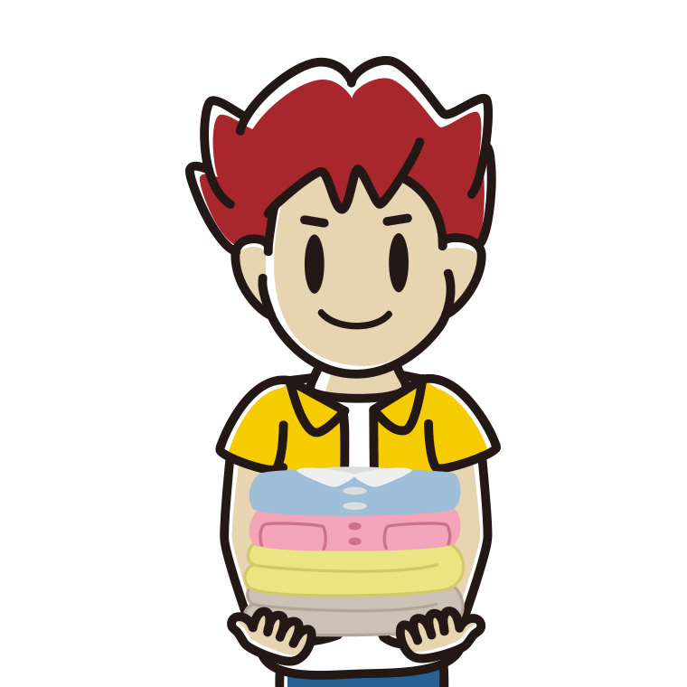 たたまれた洗濯物を持つ男子大学生のイラスト【色あり、背景なし】透過PNG