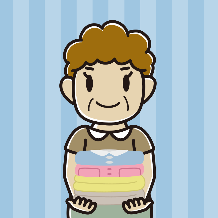 たたまれた洗濯物を持つおばさんのイラスト【色、背景あり】PNG