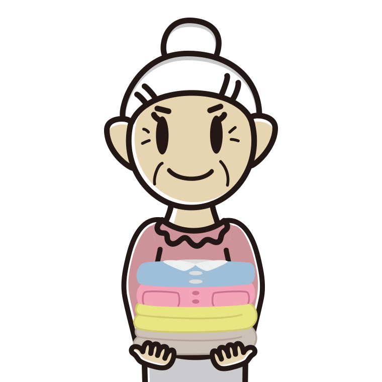 たたまれた洗濯物を持つおばあさんのイラスト【色あり、背景なし】透過PNG