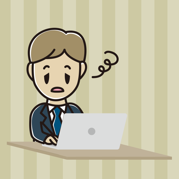 パソコン使用中にぼーっとする男性会社員のイラスト【色、背景あり】PNG