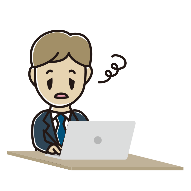 パソコン使用中にぼーっとする男性会社員のイラスト【色あり、背景なし】透過PNG