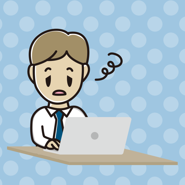 パソコン使用中にぼーっとする男性会社員（ワイシャツ）のイラスト【色、背景あり】PNG