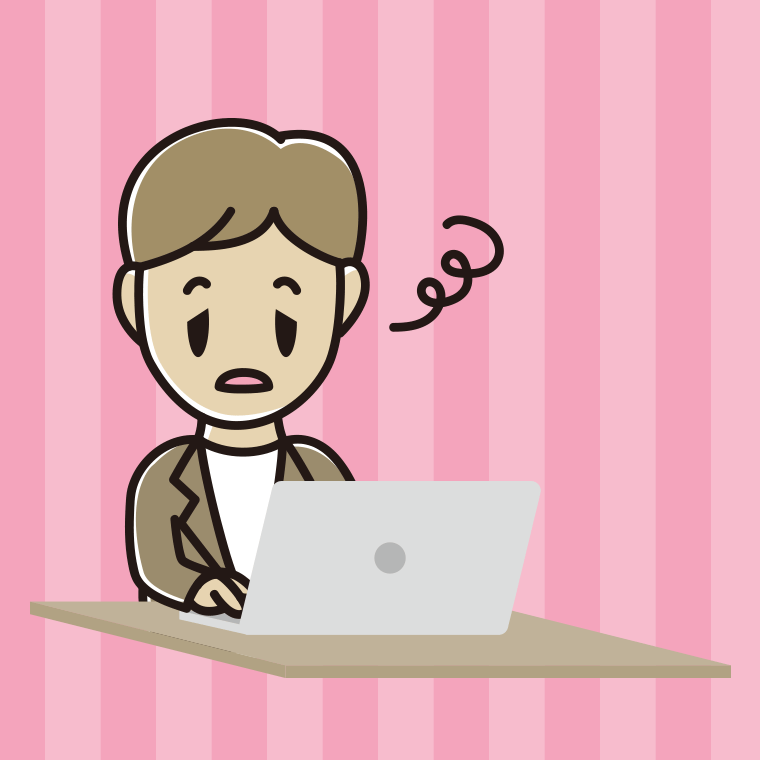 パソコン使用中にぼーっとする男性会社員（カジュアル）のイラスト【色、背景あり】PNG