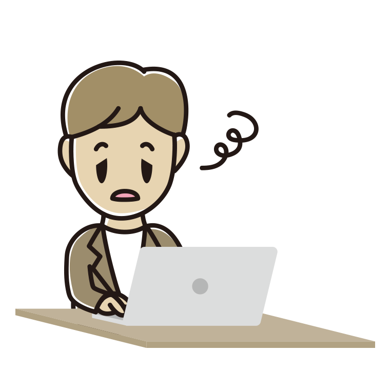 パソコン使用中にぼーっとする男性会社員（カジュアル）のイラスト【色あり、背景なし】透過PNG