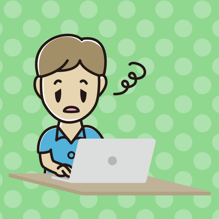 パソコン使用中にぼーっとする男性会社員（クールビズ）のイラスト【色、背景あり】PNG