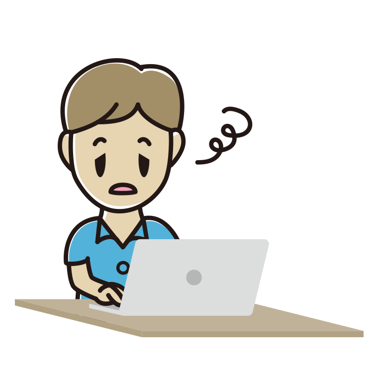 パソコン使用中にぼーっとする男性会社員（クールビズ）のイラスト【色あり、背景なし】透過PNG
