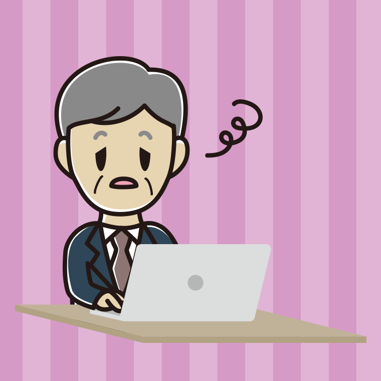 パソコン使用中にぼーっとする年配男性会社員のイラスト【色、背景あり】PNG