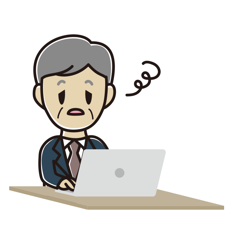パソコン使用中にぼーっとする年配男性会社員のイラスト【色あり、背景なし】透過PNG