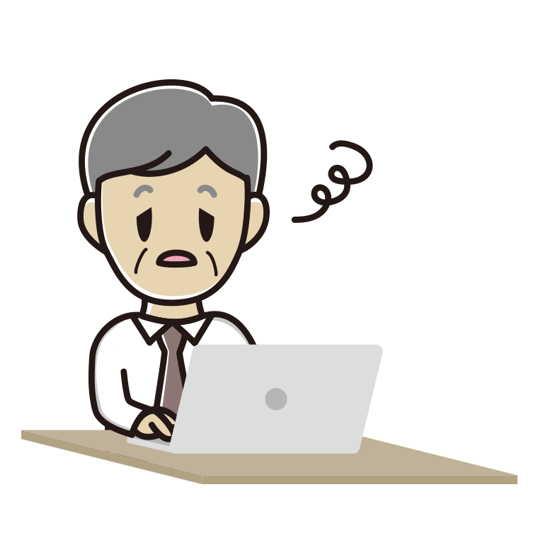パソコン使用中にぼーっとする年配男性会社員（ワイシャツ）のイラスト【色あり、背景なし】透過PNG