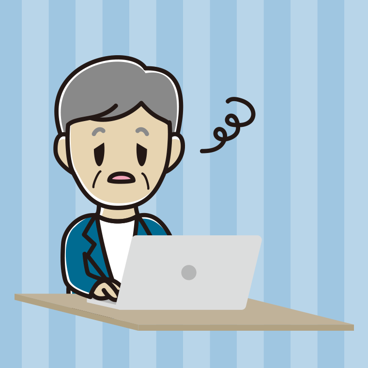 パソコン使用中にぼーっとする年配男性会社員（カジュアル）のイラスト【色、背景あり】PNG