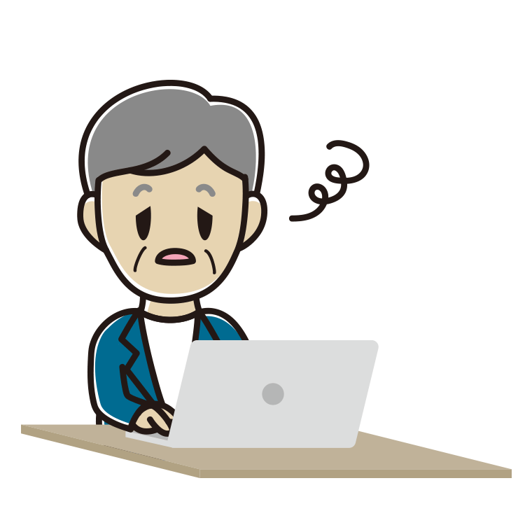 パソコン使用中にぼーっとする年配男性会社員（カジュアル）のイラスト【色あり、背景なし】透過PNG