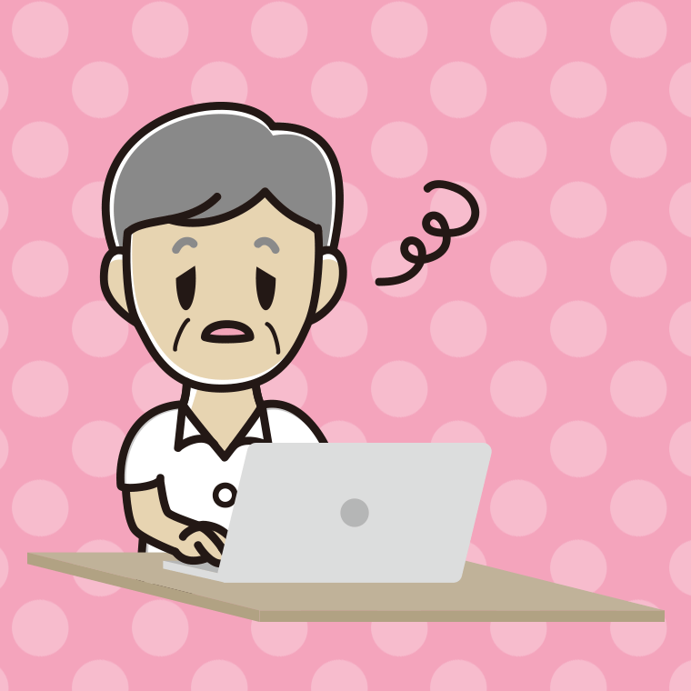 パソコン使用中にぼーっとする年配男性会社員（クールビズ）のイラスト【色、背景あり】PNG