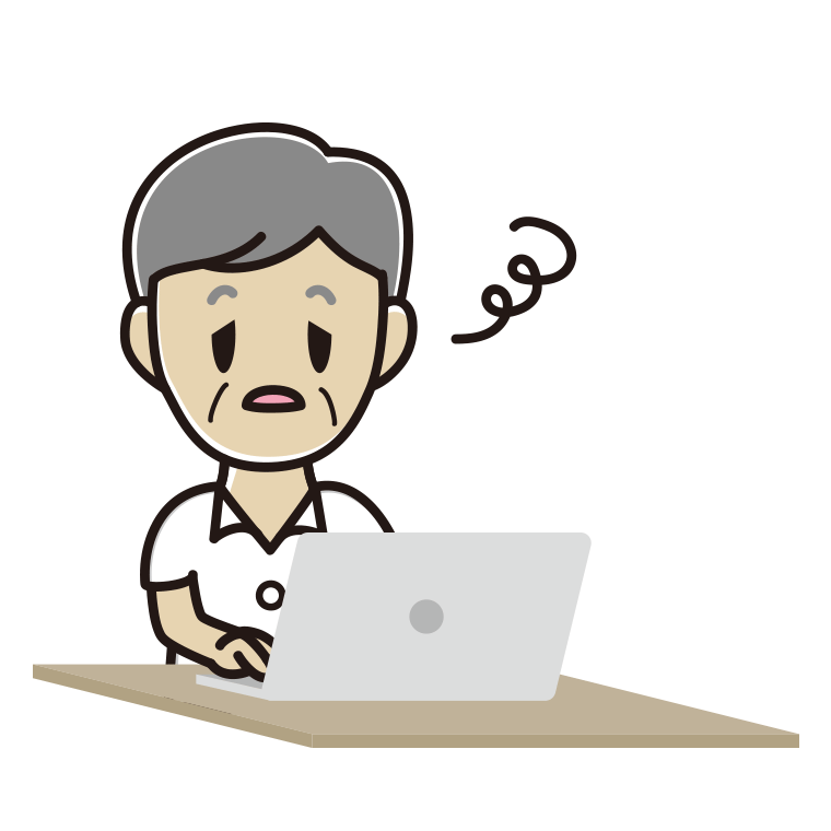 パソコン使用中にぼーっとする年配男性会社員（クールビズ）のイラスト【色あり、背景なし】透過PNG