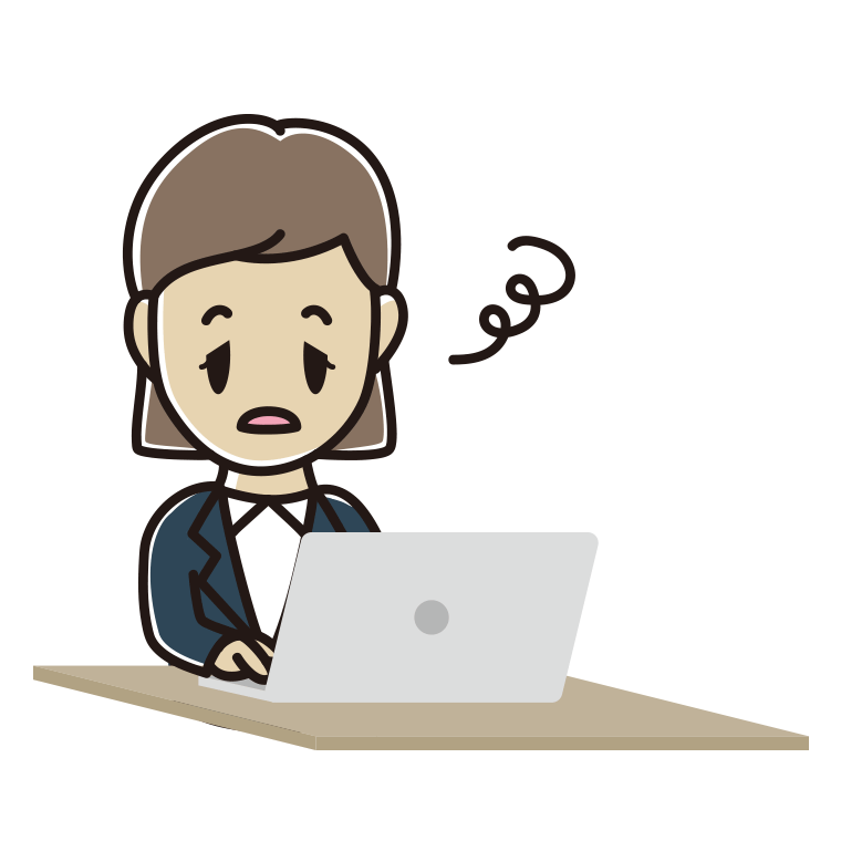 パソコン使用中にぼーっとする女性会社員のイラスト【色あり、背景なし】透過PNG