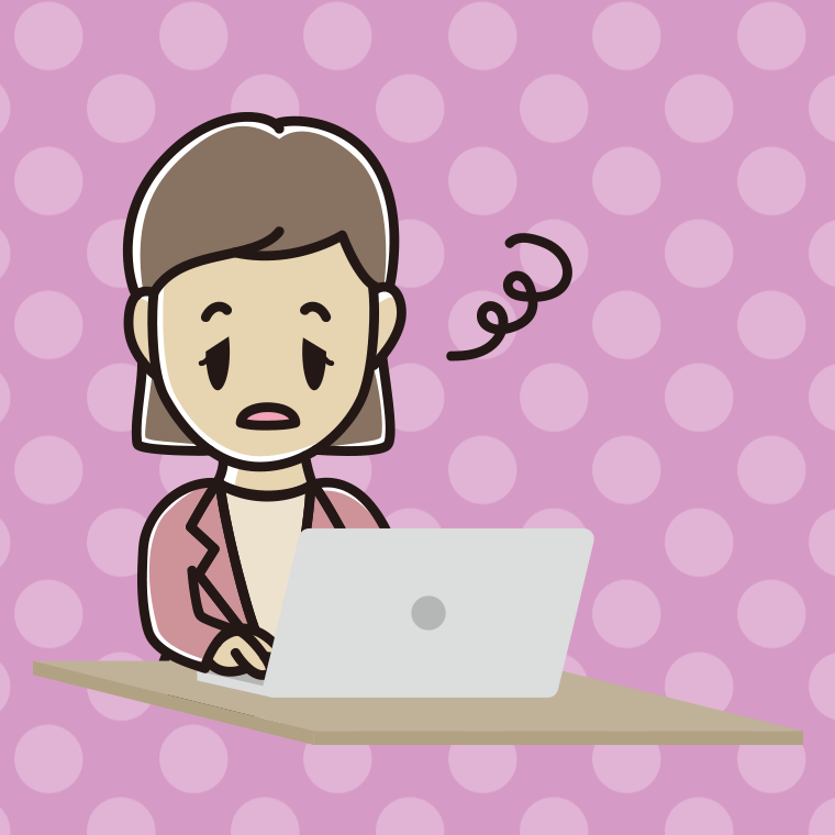 パソコン使用中にぼーっとする女性会社員（カジュアル）のイラスト【色、背景あり】PNG