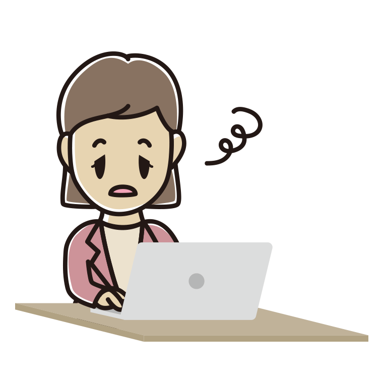 パソコン使用中にぼーっとする女性会社員（カジュアル）のイラスト【色あり、背景なし】透過PNG