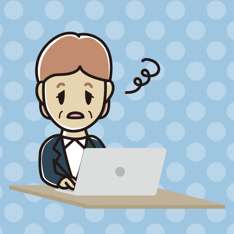 パソコン使用中にぼーっとする年配女性会社員のイラスト【色、背景あり】PNG