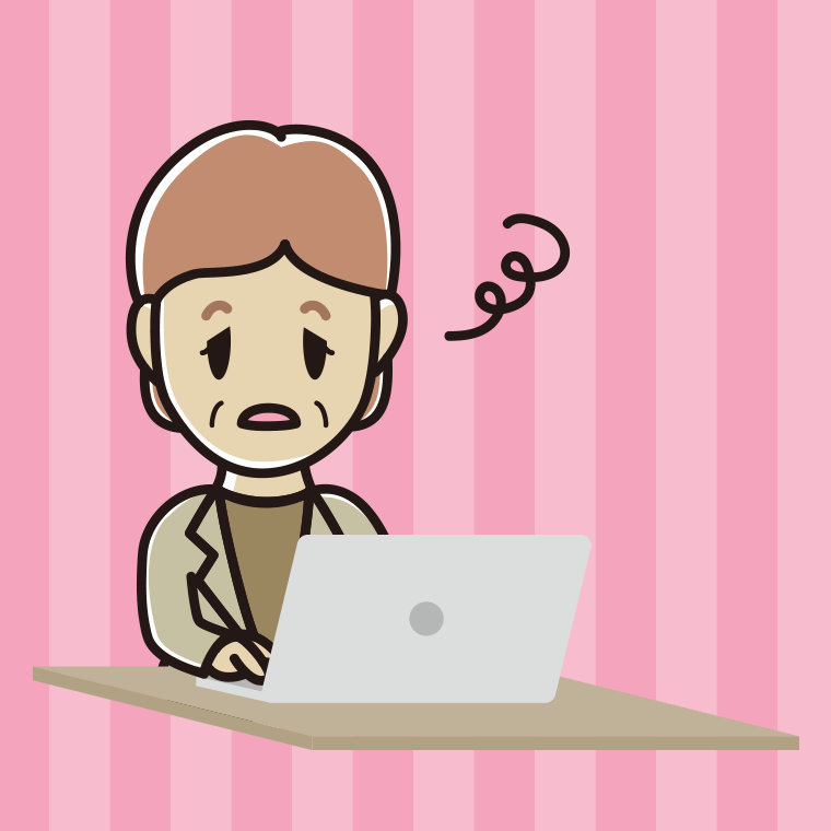 パソコン使用中にぼーっとする年配女性会社員（カジュアル）のイラスト【色、背景あり】PNG