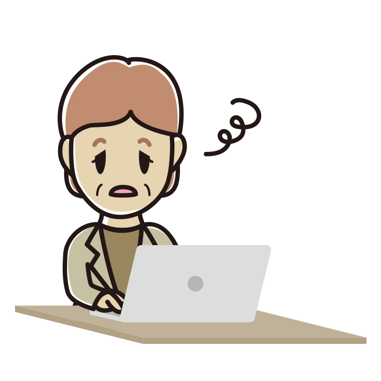 パソコン使用中にぼーっとする年配女性会社員（カジュアル）のイラスト【色あり、背景なし】透過PNG