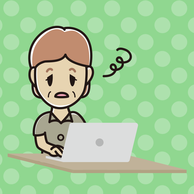 パソコン使用中にぼーっとする年配女性会社員（クールビズ）のイラスト【色、背景あり】PNG