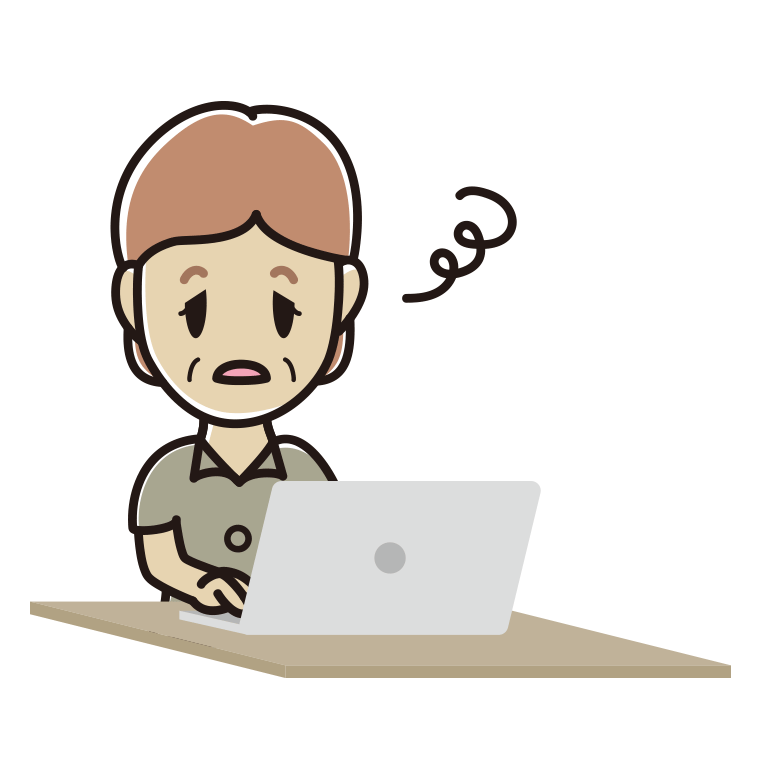 パソコン使用中にぼーっとする年配女性会社員（クールビズ）のイラスト【色あり、背景なし】透過PNG