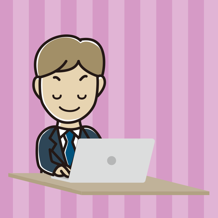 目を閉じてパソコンを使う男性会社員のイラスト【色、背景あり】PNG