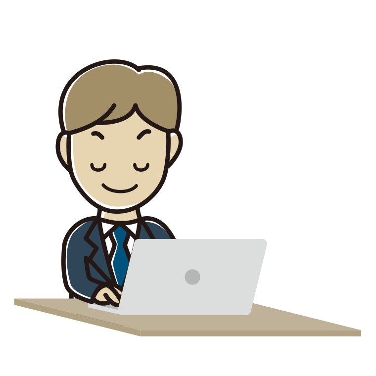 目を閉じてパソコンを使う男性会社員のイラスト【色あり、背景なし】透過PNG