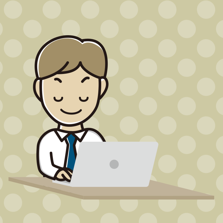 目を閉じてパソコンを使う男性会社員（ワイシャツ）のイラスト【色、背景あり】PNG
