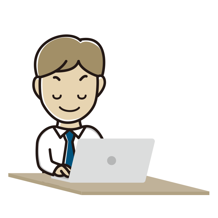目を閉じてパソコンを使う男性会社員（ワイシャツ）のイラスト【色あり、背景なし】透過PNG