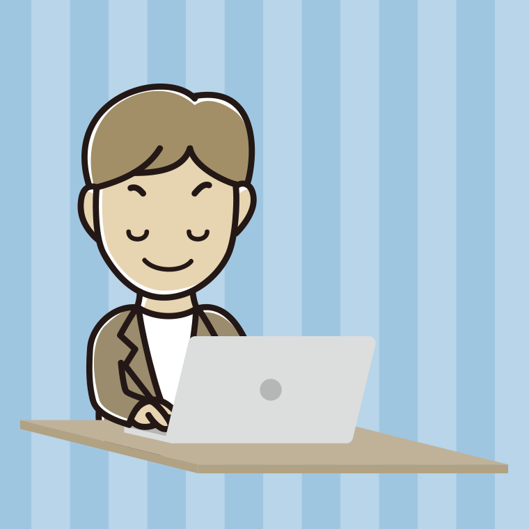目を閉じてパソコンを使う男性会社員（カジュアル）のイラスト【色、背景あり】PNG
