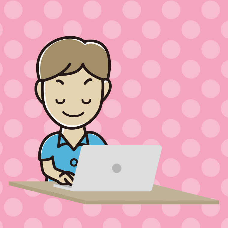 目を閉じてパソコンを使う男性会社員（クールビズ）のイラスト【色、背景あり】PNG