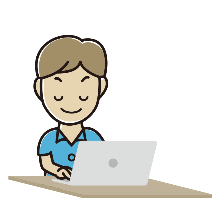 目を閉じてパソコンを使う男性会社員（クールビズ）のイラスト【色あり、背景なし】透過PNG