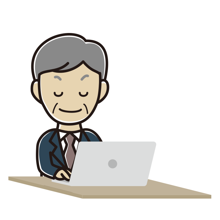 目を閉じてパソコンを使う年配男性会社員のイラスト【色あり、背景なし】透過PNG